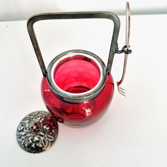INVERTED CRANBERRY COIN DOT GLASS BISCUIT JAR WITH HANDLE AND FORK - Picture 6 of 9